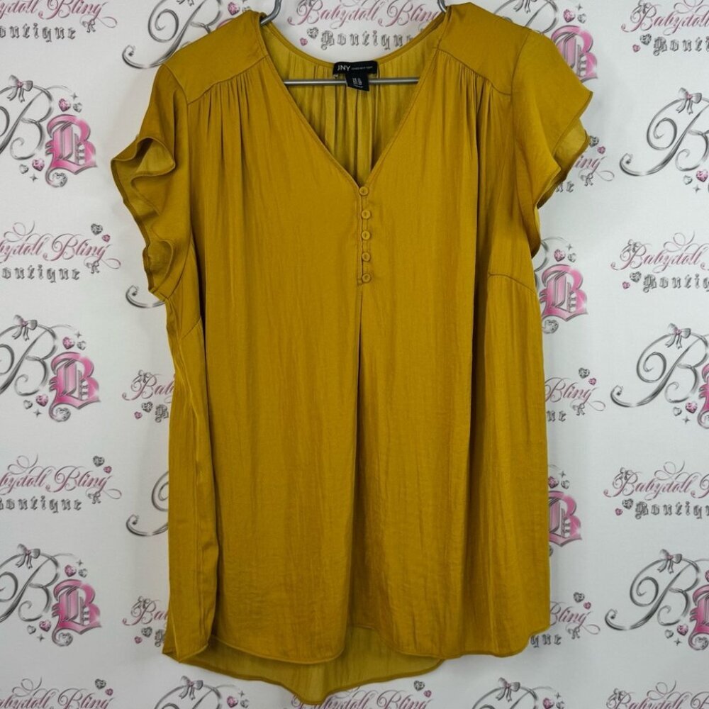 Jones New York tshirt button up ruffle sleeves pleated Mustard Blouse